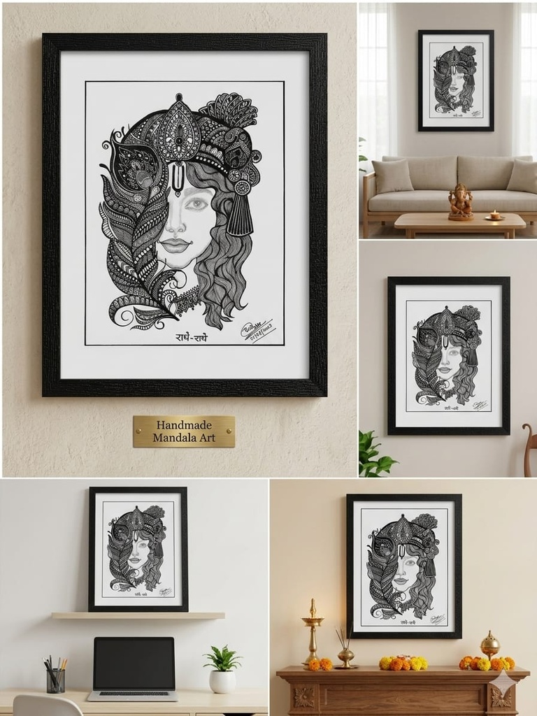 [Handmade Lord Krishna Mandala Art | Divine Radha Krishna Pen Sketch Wall Art | Framed Spiritual Painting for Living Room & Pooja Room.] Krishna's Mandala art ❤️