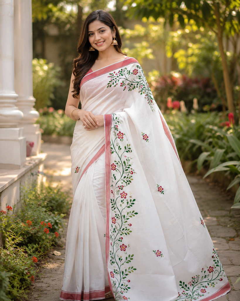 Ivory Blossom – Hand-Painted Luxury Cotton Saree with GI tagged Sohrai painting(Limited Edition)